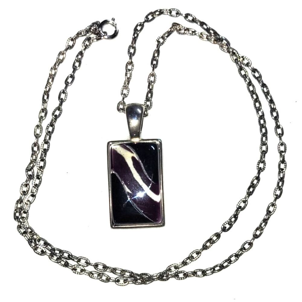 Vintage Carved Lucite Pendant Necklace Black Silver Tone Abstract Layered 3D